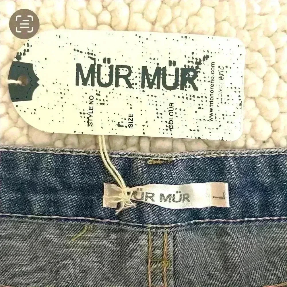 NWT Mur Mur Highrise Med Wash Distress Webbed Cuffed Denim Jean Shorts Size‎ L